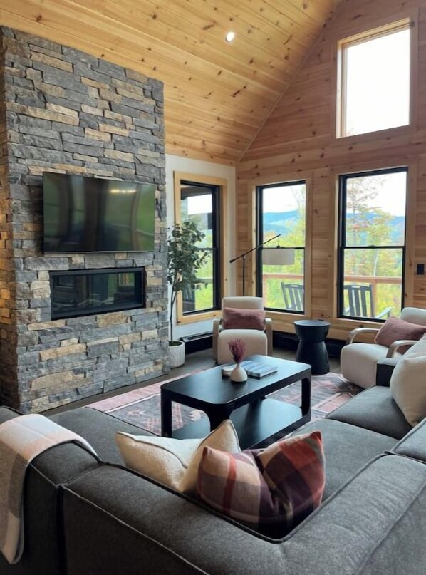 TV connectée, cheminée, livres