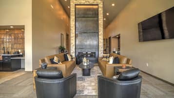 Smart TV, fireplace, books