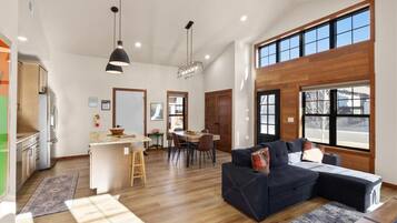 Smart TV, fireplace, books