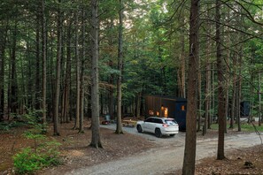 A forested area with a cabin and a vehicle parked on a gravel path. - Postcard Cabins Chattahoochee, Outdoor Collection by Marriott Bonvoy (Suches)