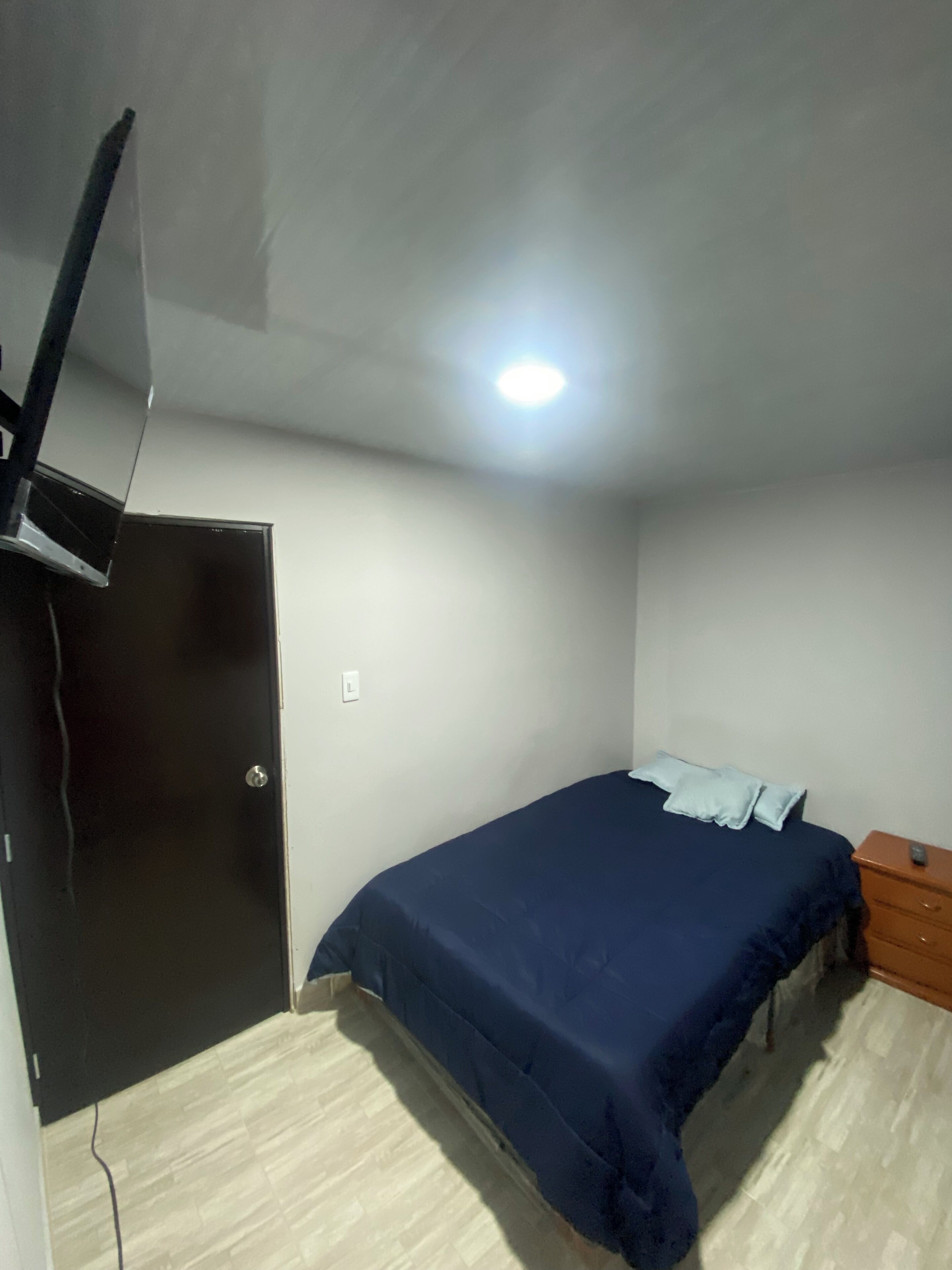 A bedroom with a bed, a nightstand, a dresser, and a closed door.