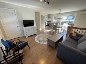 TV connectée, cheminée, lecteur de DVD, livres