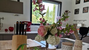 A kitchen counter with a vase of flowers, a knife block, and a small potted plant.