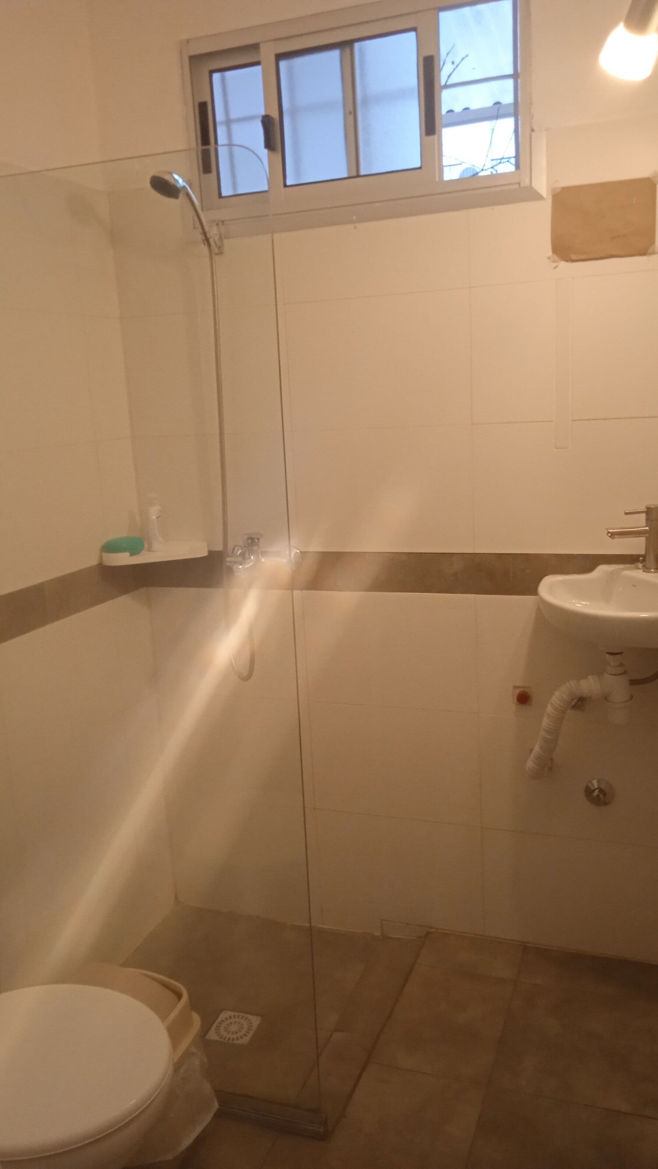 Un baño con ducha, inodoro y lavabo.