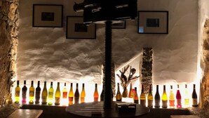 Zona de bar con una escultura de hielo única como pieza central, rodeada de diversas botellas de vino.