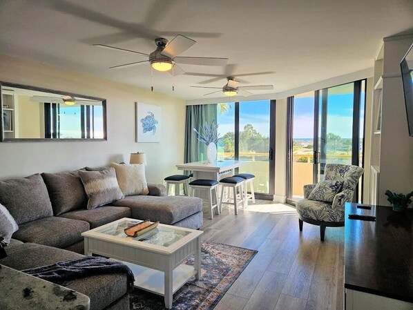 Smart TV, fireplace, DVD player