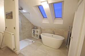 Shower, towels, soap, shampoo