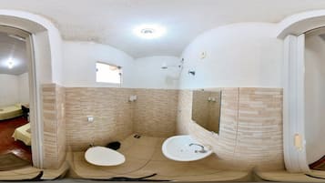 Shower, slippers, towels, soap