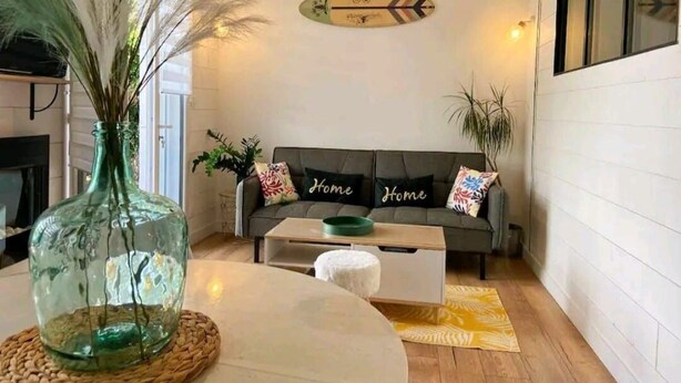 Un salon avec un canapé, une table basse et des coussins décoratifs.