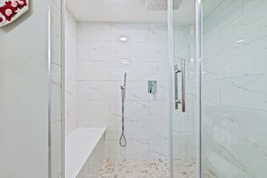 Hair dryer, towels, soap, shampoo