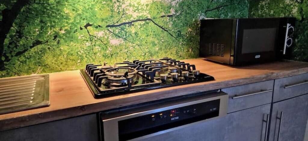 A kitchen with a gas stove, a microwave, and a dishwasher.