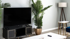 A modern living room with a large flat-screen TV, a potted plant, a standing lamp, and a small table with a remote control. - Cozy Home Plainfield Indy (Plainfield)