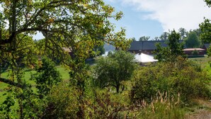 Ländliche Landschaft mit einem großen Baum im Vordergrund, einem Gebäude mit rotem Dach im Hintergrund und einem klaren Himmel.