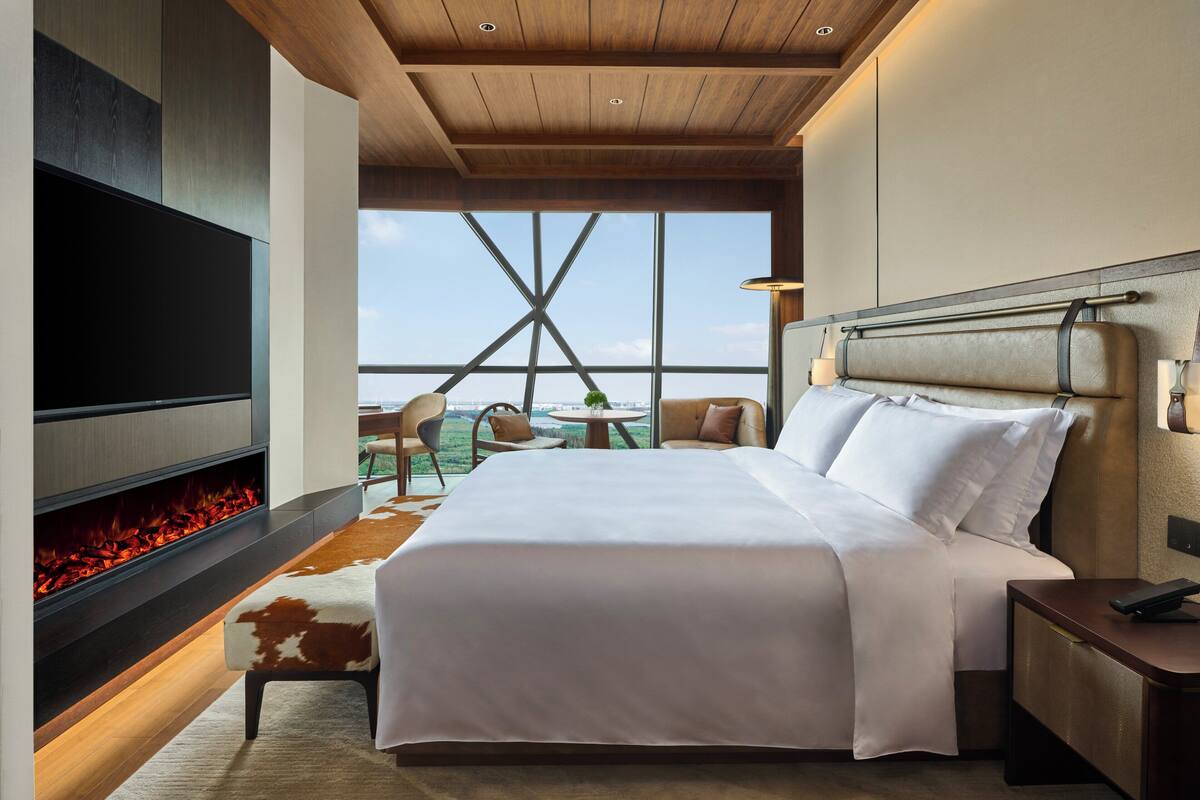 A modern hotel room with a large bed, a flat-screen TV, a fireplace, and a view of the outdoors.