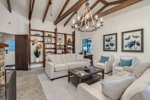 Smart TV, fireplace, books