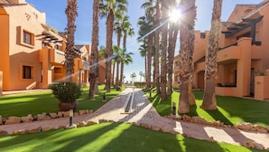 A pathway lined with palm trees leading to a building with a modern architectural style.