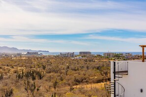 A desert landscape with cacti, a white building with a spiral staircase, and a distant view of a coastal city.