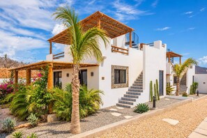 Une maison moderne dotée d’un patio couvert, d’un escalier et d’un jardin agrémenté de cactus et de palmiers.
