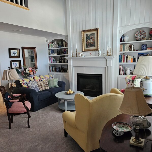 Smart TV, fireplace, books