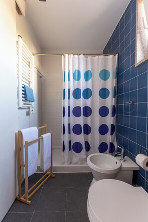 Hair dryer, bidet, towels, soap