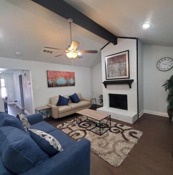 Smart TV, fireplace, books