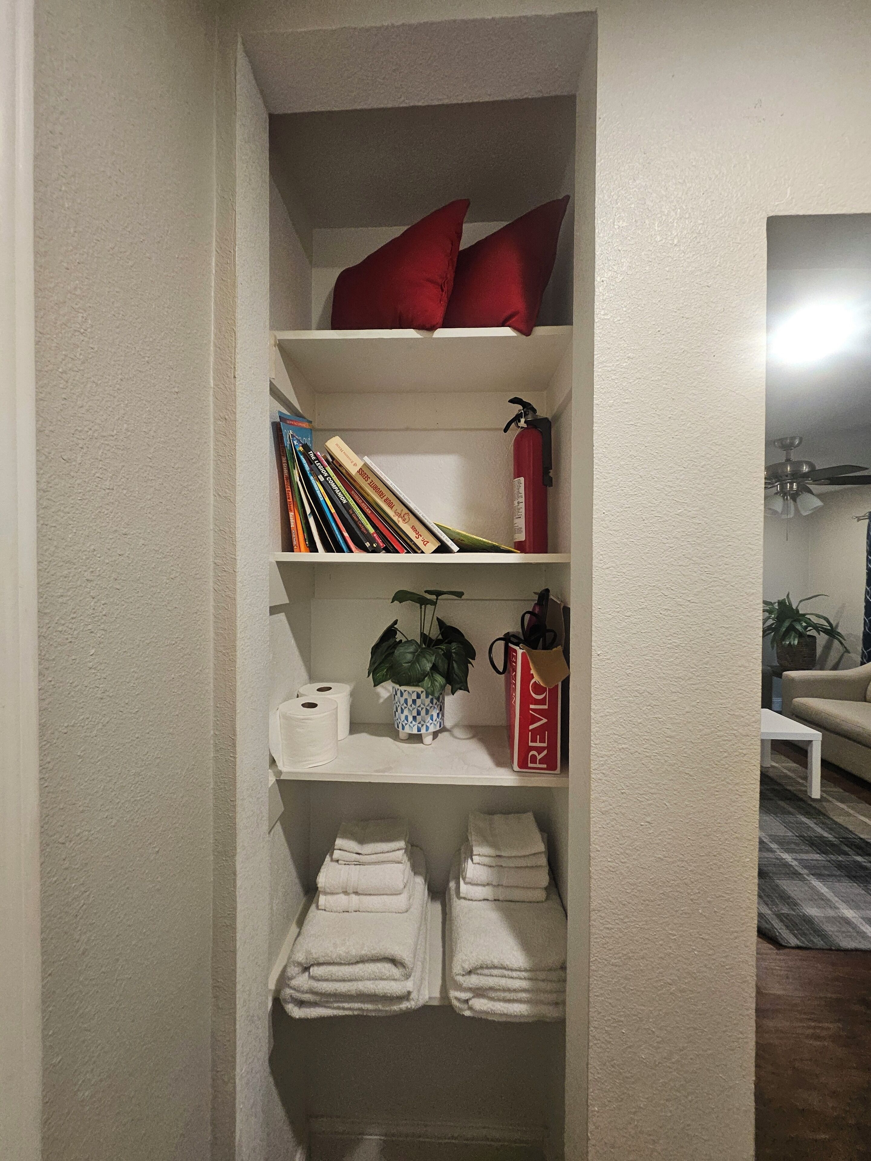 A narrow walk-in closet with shelves holding books, a fire extinguisher, a plant, and neatly folded towels.