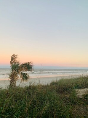 On the beach, sun loungers, beach towels