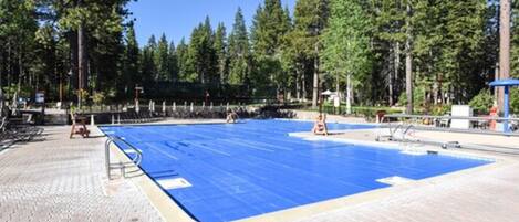 A swimming pool with a blue surface, surrounded by trees and a brick walkway.