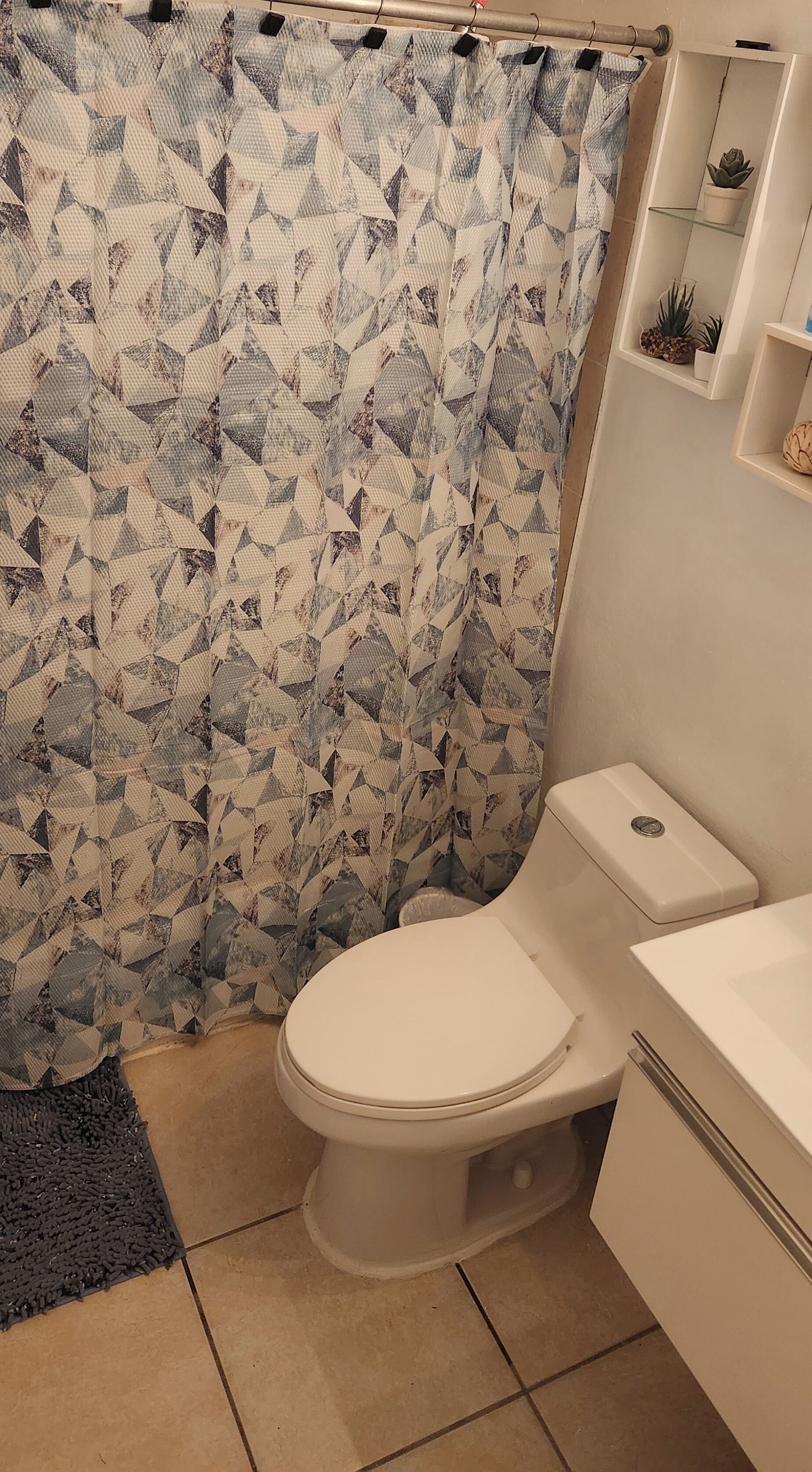 A bathroom with a patterned shower curtain, a toilet, and a sink.