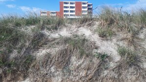 Un edificio con facciata in mattoni rossi e diversi piani, circondato da dune sabbiose e vegetazione rada.