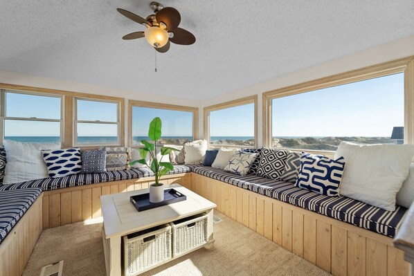 TV, fireplace, table football, books