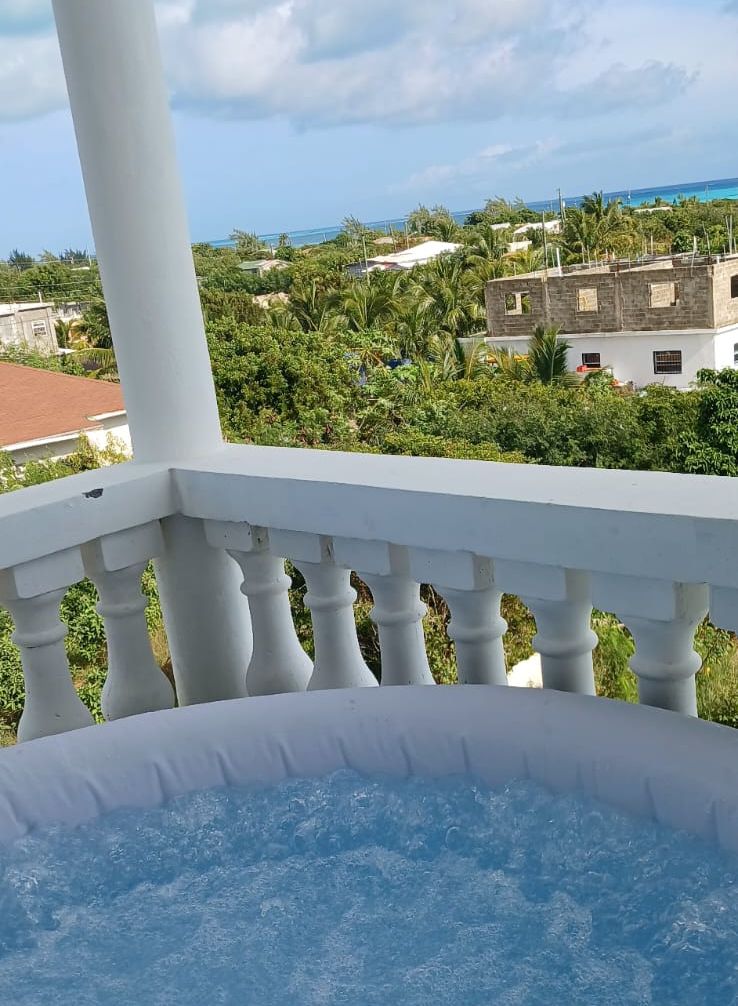 A balcony with a view of a tropical landscape, including palm trees and a building in the distance.