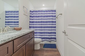 Hair dryer, towels, soap, shampoo