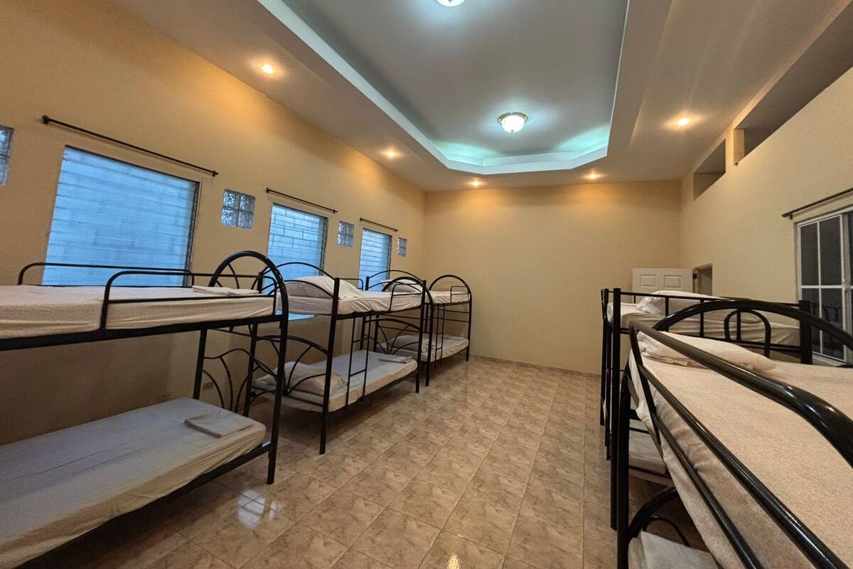 A dormitory room with bunk beds, a skylight, and a window with blinds.