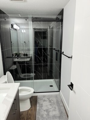 Hair dryer, towels, soap, shampoo