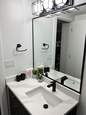 Hair dryer, towels, soap, shampoo