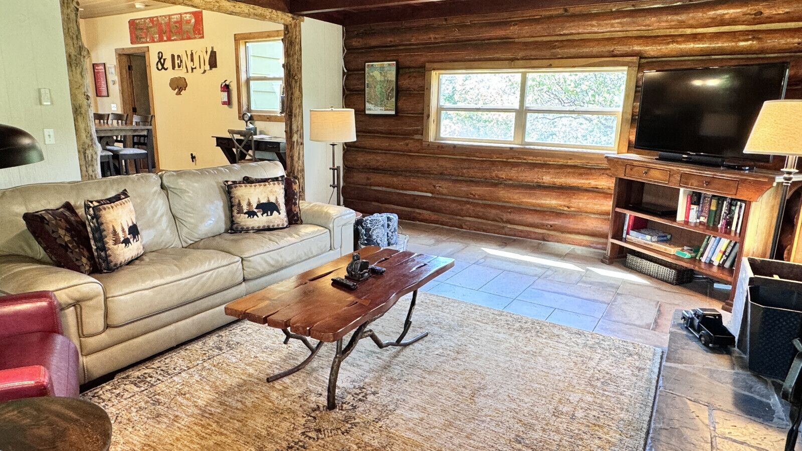 Smart TV, fireplace, DVD player, books