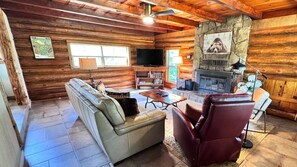 Smart TV, fireplace, DVD player, books