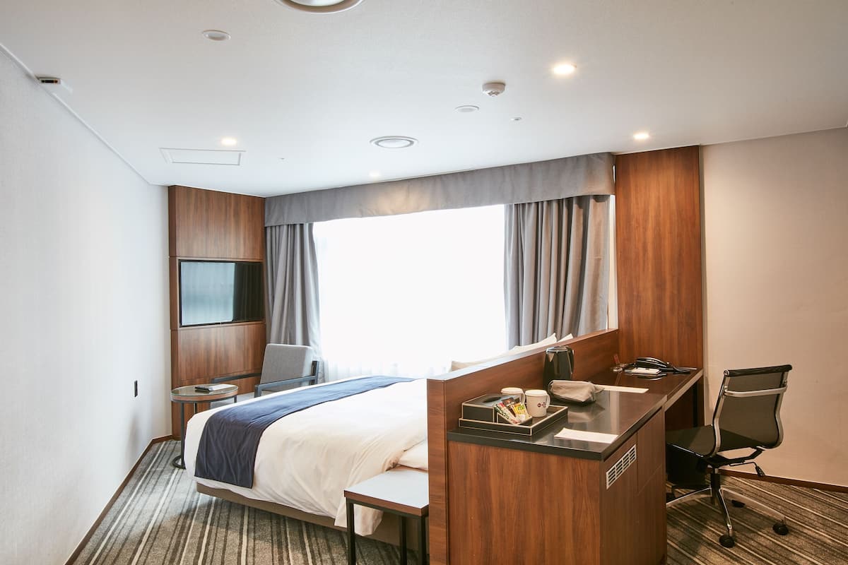 A hotel room with a bed, a desk, a chair, a TV, and a window with curtains.