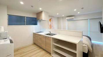 Fridge, microwave, stovetop, electric kettle