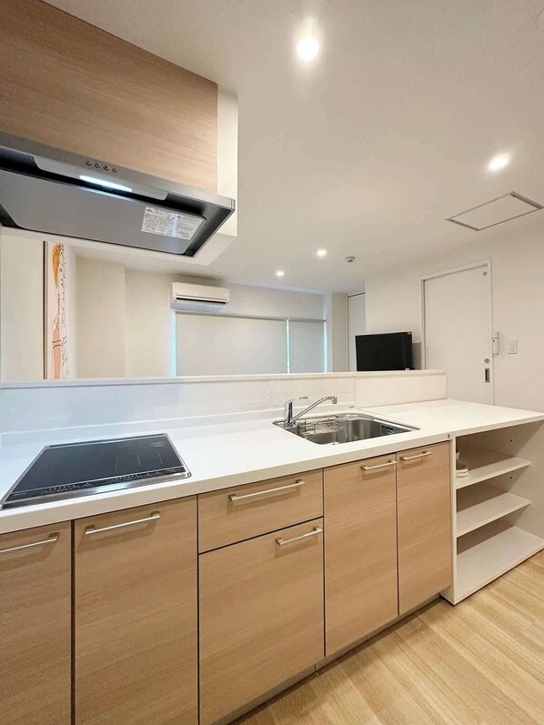 Fridge, microwave, stovetop, electric kettle