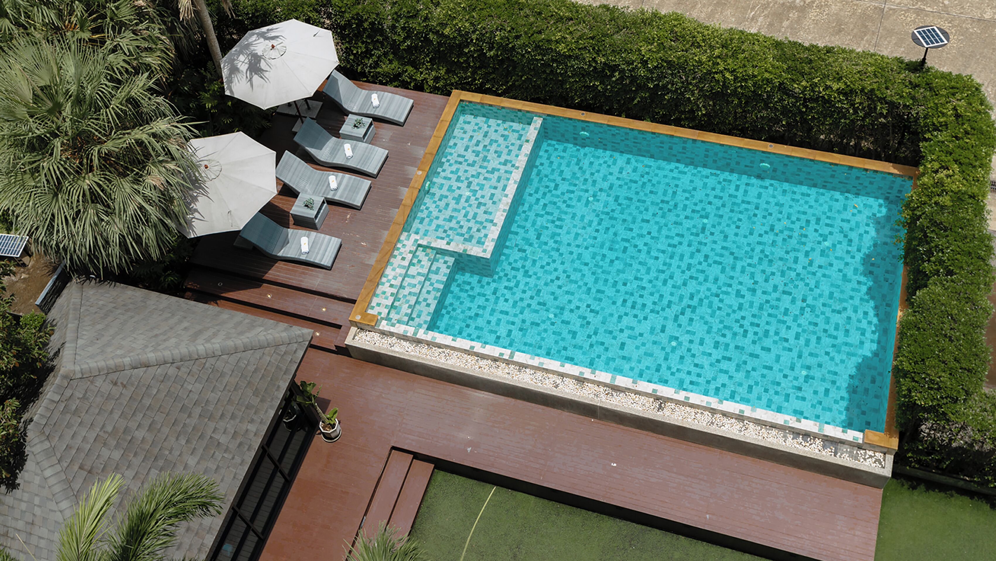 Vista aérea de una piscina rectangular con solárium y bordeado de vegetación, con tumbonas y sombrillas.