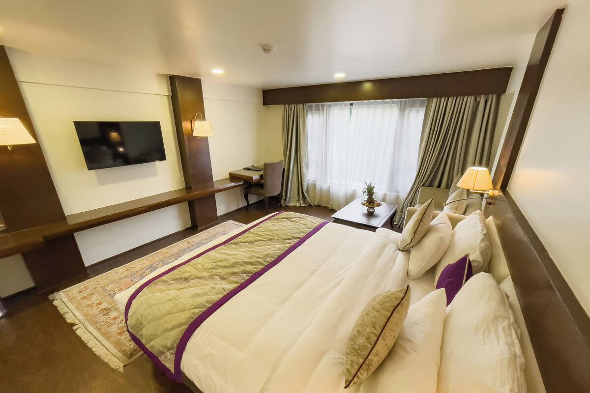 A hotel room with a large bed, a desk, a TV, and a window with curtains.