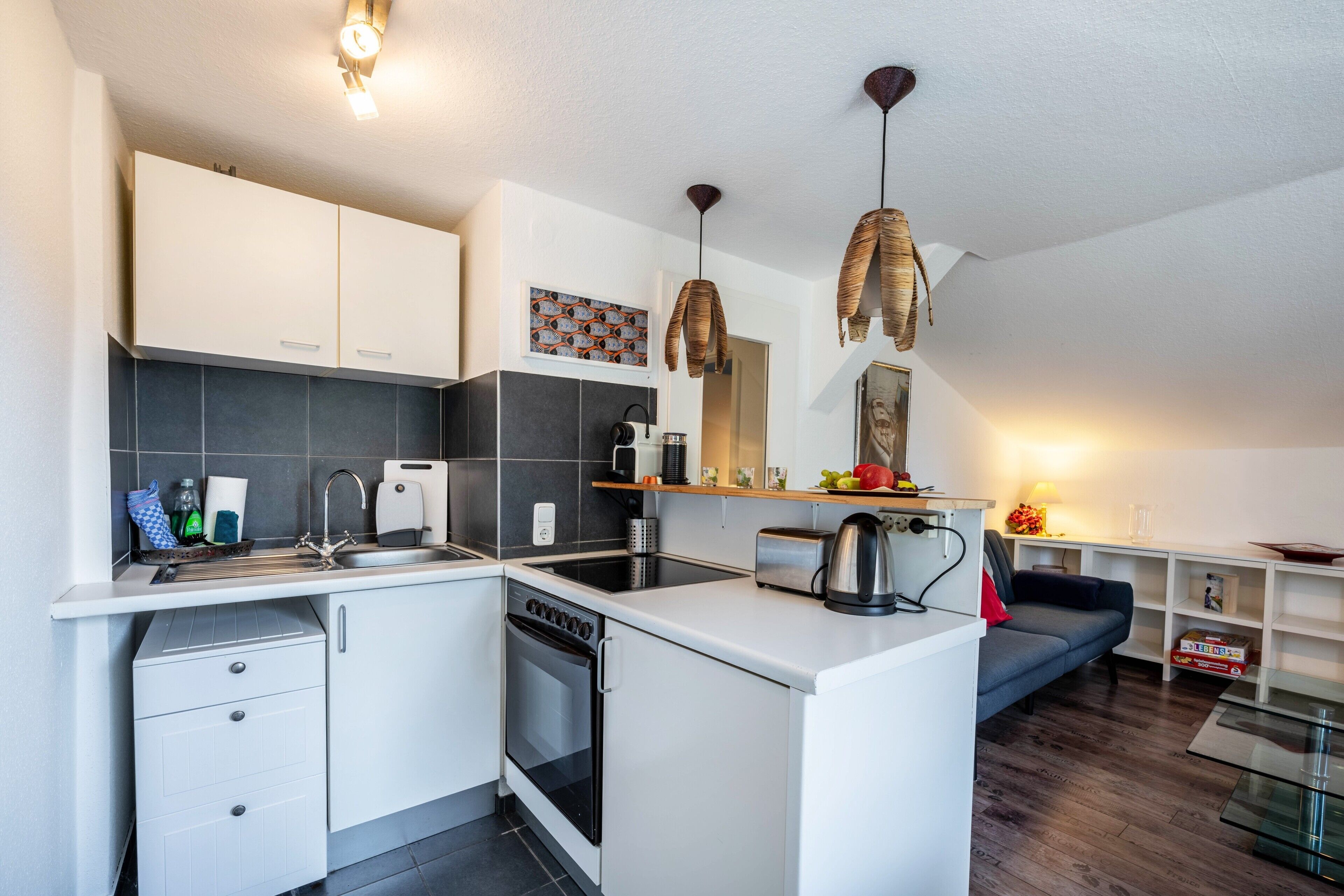 Kjøleskap, ovn, kokeplater og kaffetrakter/tekoker