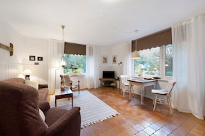 A living room with a sofa, a dining table with chairs, a TV, and a window with curtains.