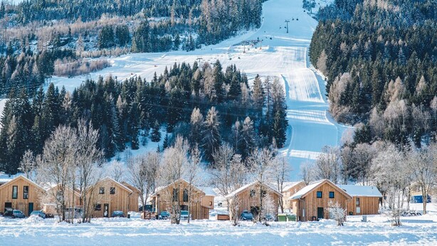 A snow-covered mountain with a ski slope, surrounded by dense forests and wooden cabins. - Dreamy chalet on the slopes (Sankt Georgen am Kresichberg)
