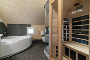 Shower, jetted tub, hair dryer