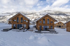 A row of wooden cabins with large windows, a covered outdoor seating area, and a snowy mountain backdrop.