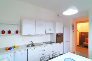 Fridge, stovetop, dishwasher, dining tables