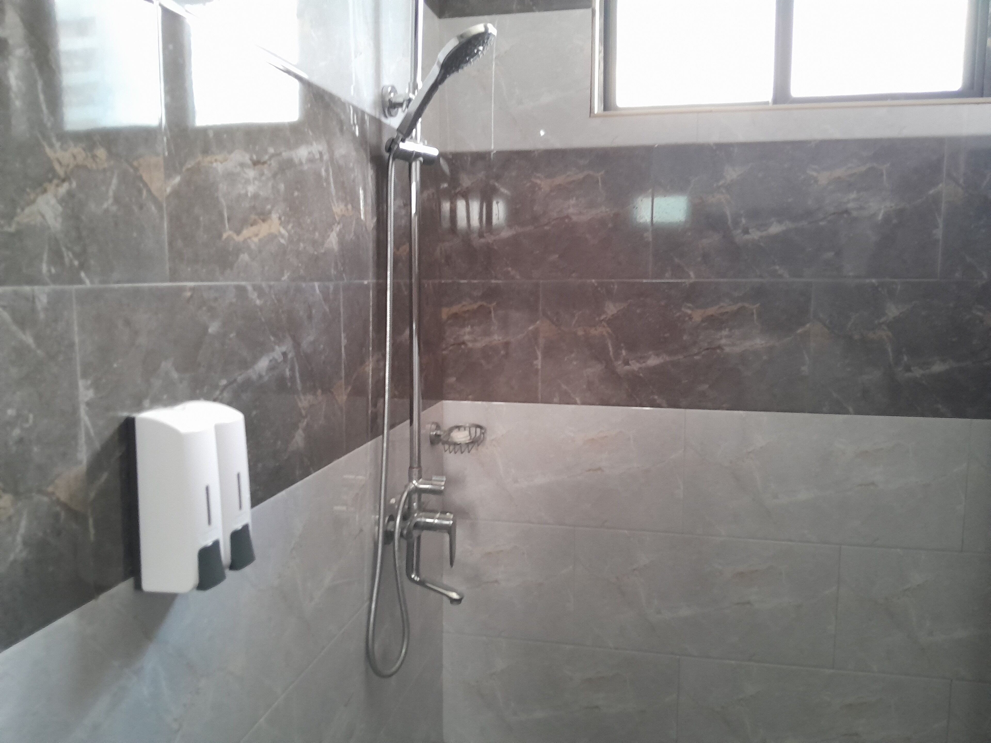 A bathroom with a shower, a soap dispenser, and a window.